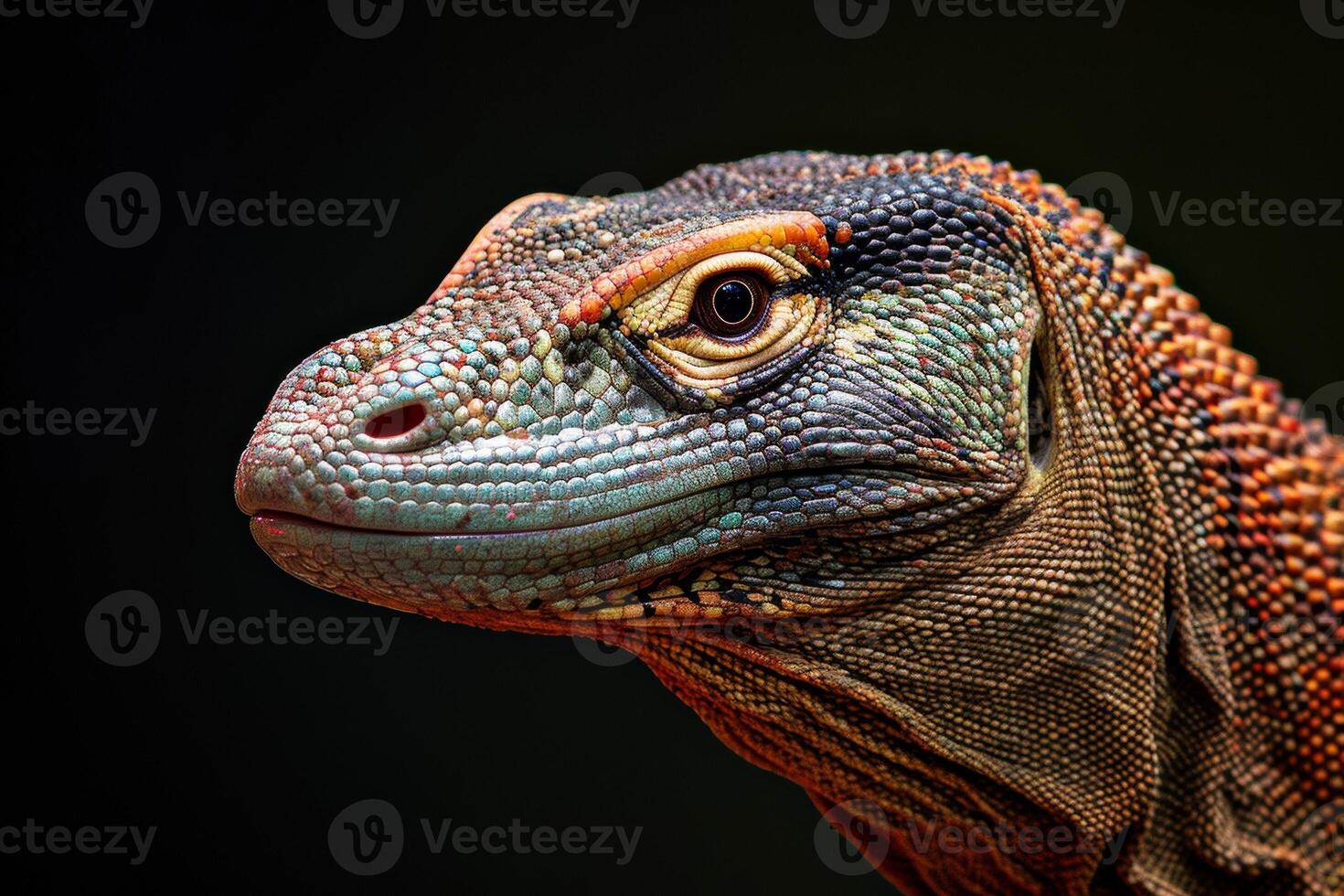 A close up of a lizard's head with a black background photo