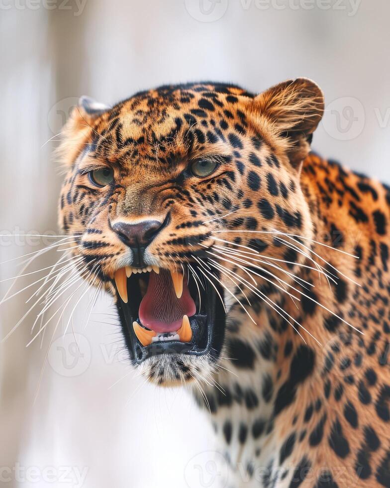 A leopard with its mouth open and teeth showing photo
