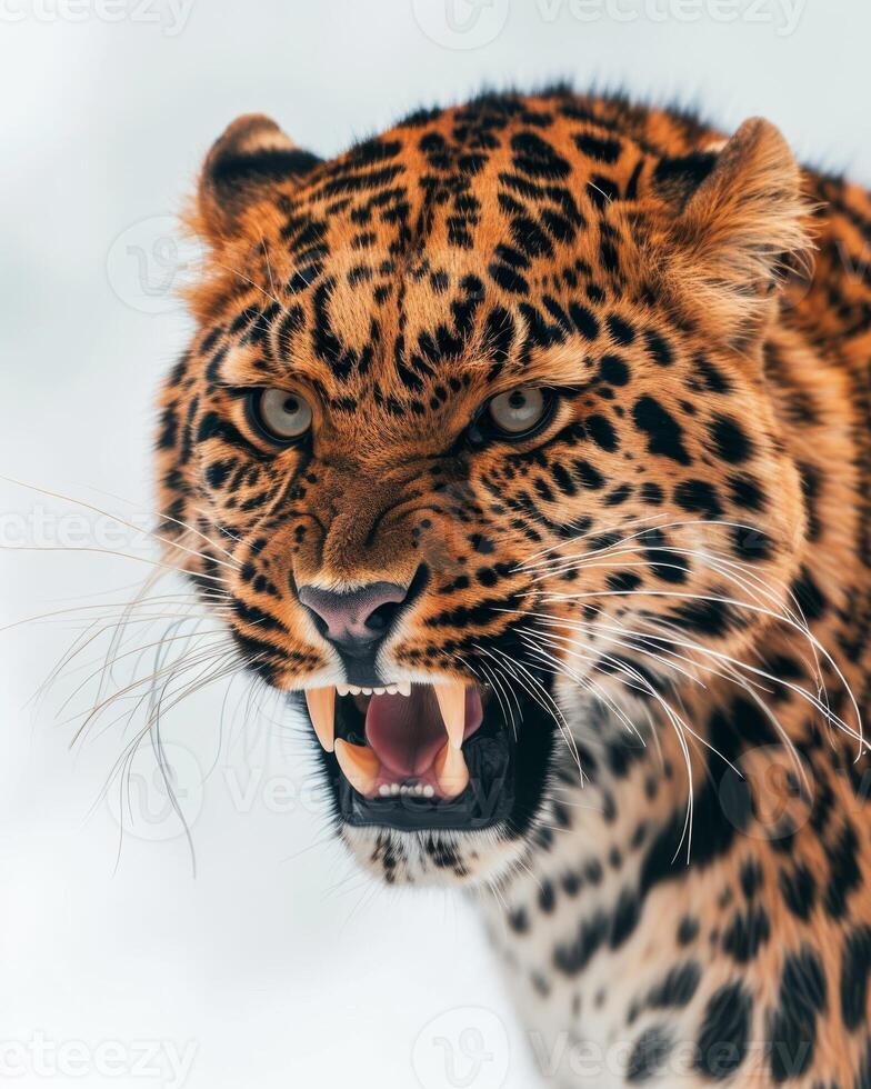 A leopard with its mouth open and teeth showing photo