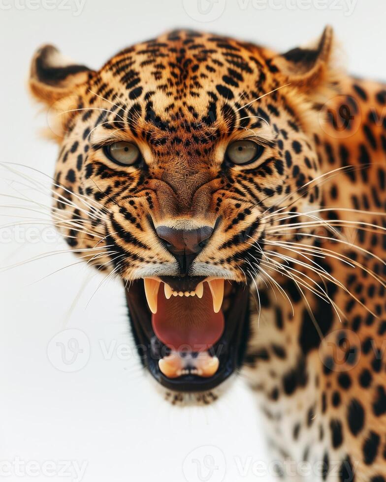 A leopard with its mouth open and teeth showing photo