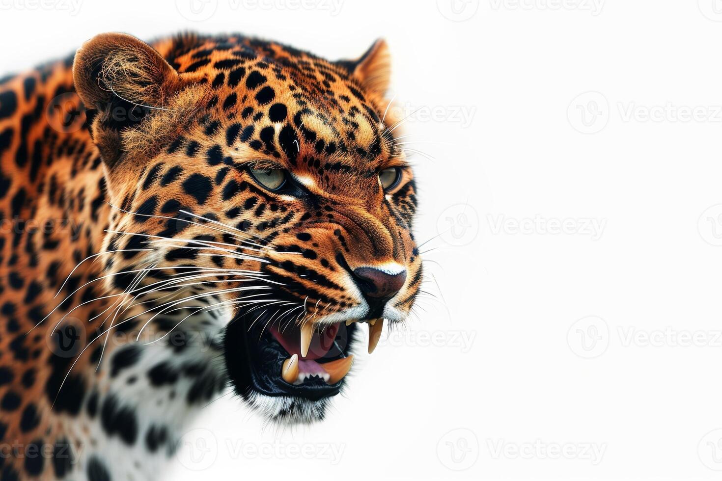 A leopard is roaring on a white background photo