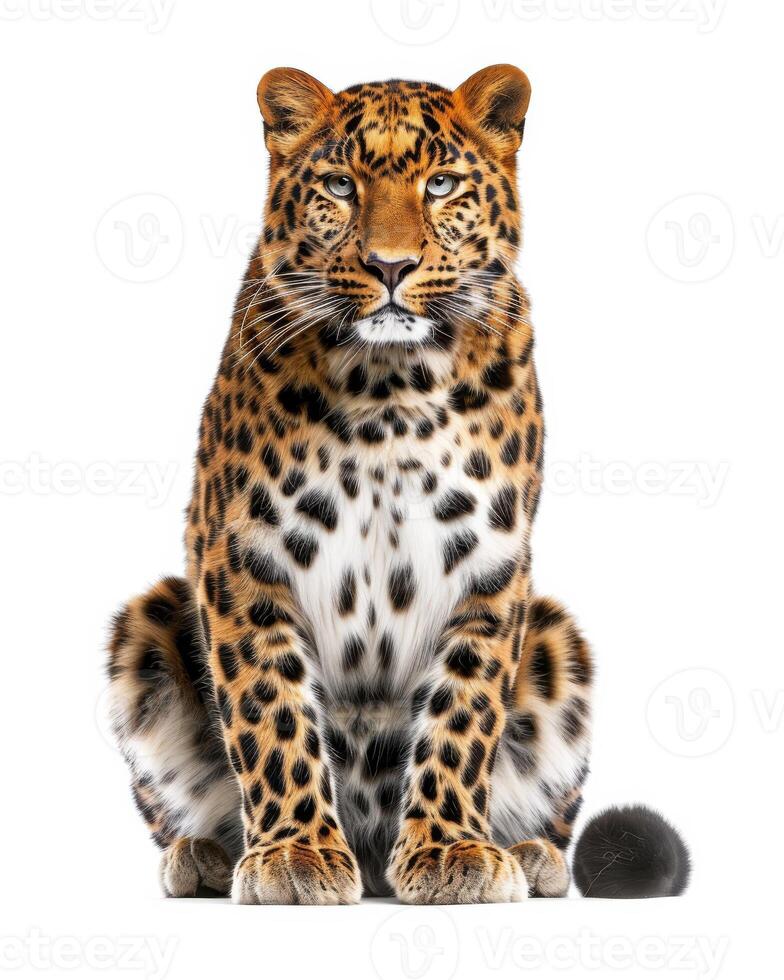 Amur leopard sitting in front of white background photo