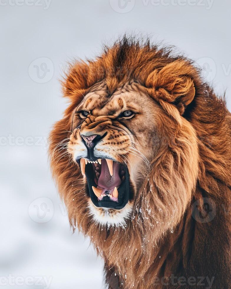 A lion roaring in the snow photo