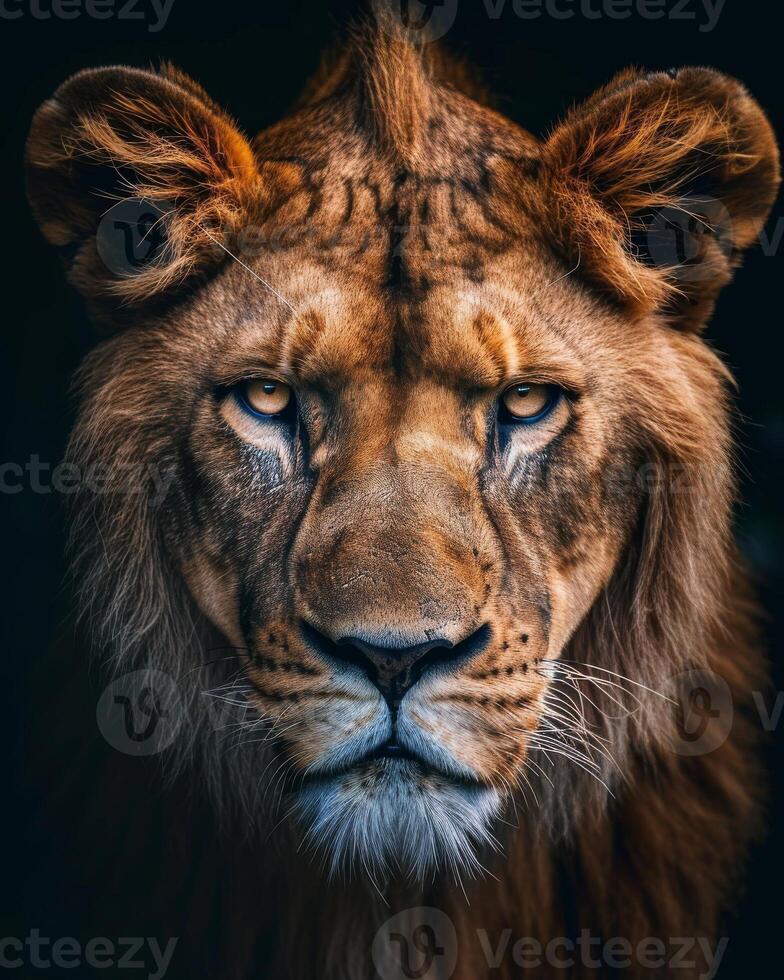 A close up of a lion's face photo