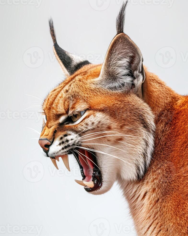 A lynx cat with its mouth open and its teeth showing photo