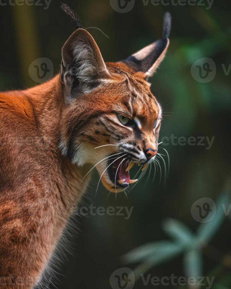 A lynx cat with its mouth open and its teeth showing photo
