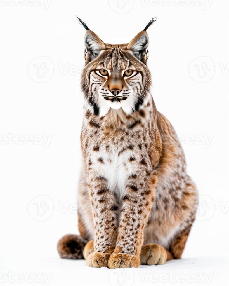 A lynx is sitting in front of a white background photo