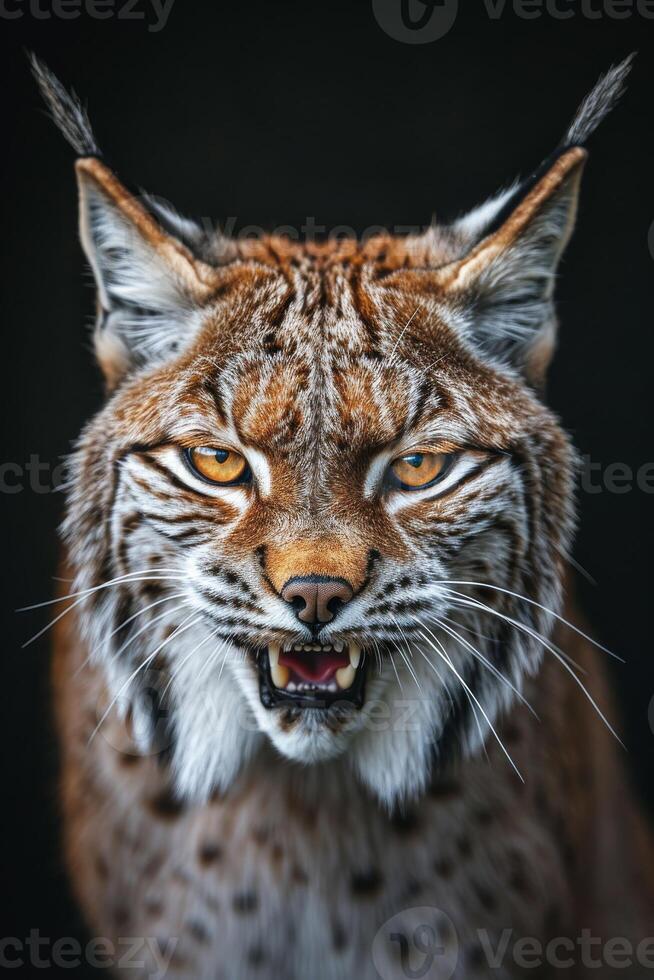 A lynx with its mouth open and its eyes wide open photo