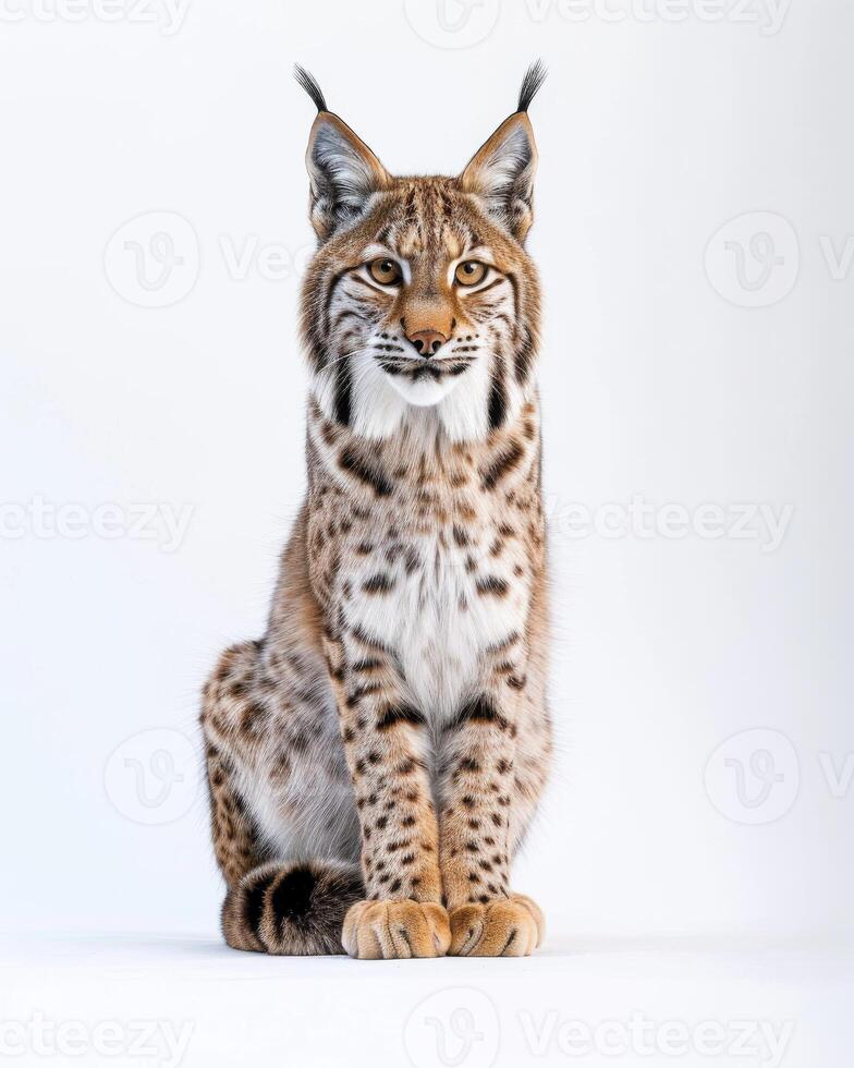 A lynx is sitting in front of a white background photo