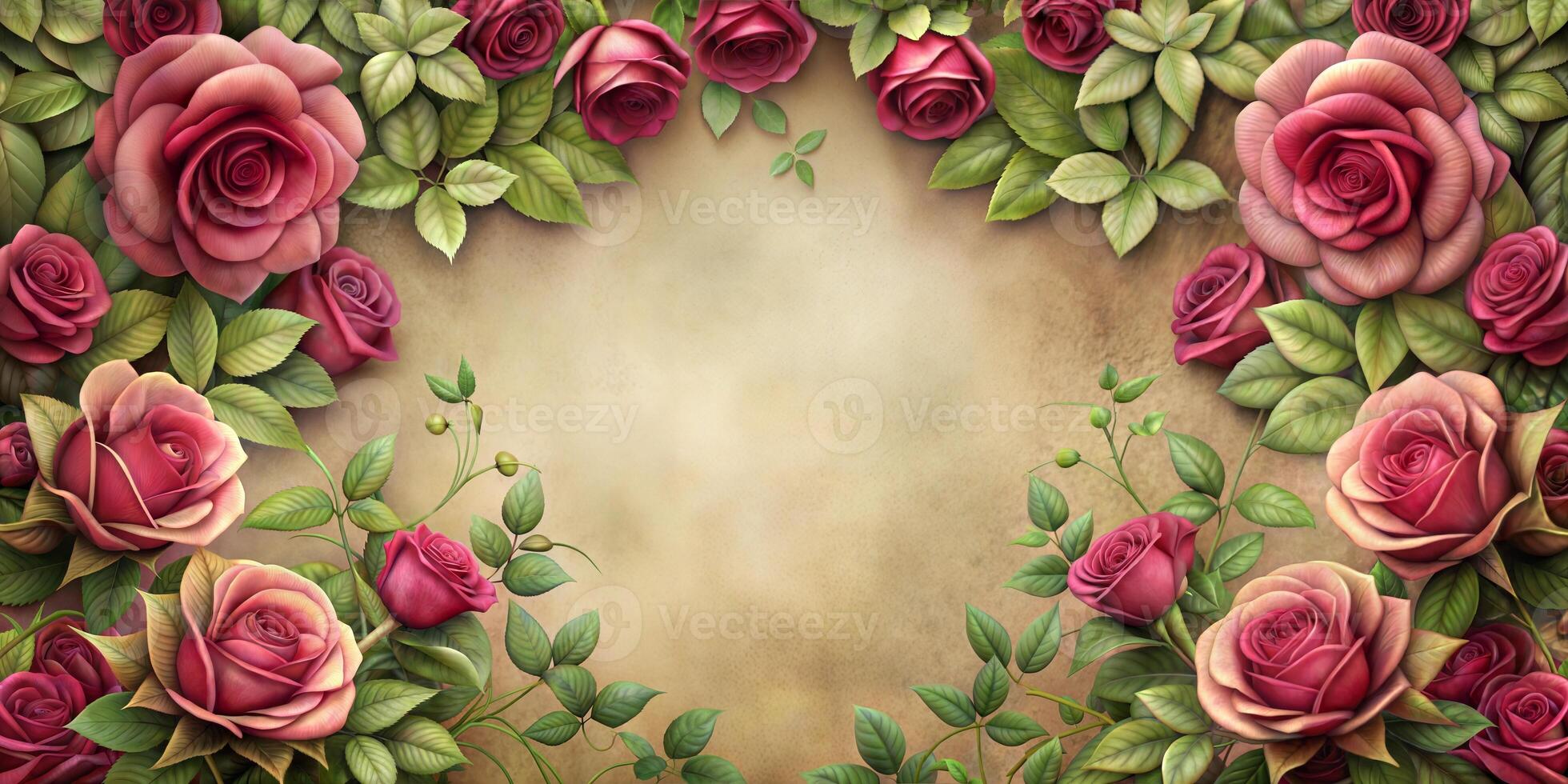 A beautiful bouquet of red roses with green leaves. The roses are arranged in a circular pattern, with some roses overlapping each other. photo