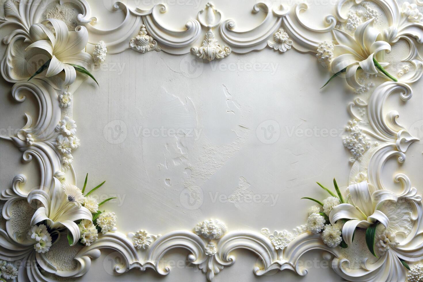 White patterned frame on white background and white lily flowers. photo