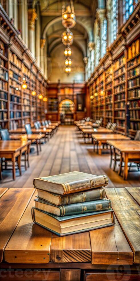 Old books are lying on the table in the library. The library is filled with many books, and the atmosphere is quiet and calm. photo