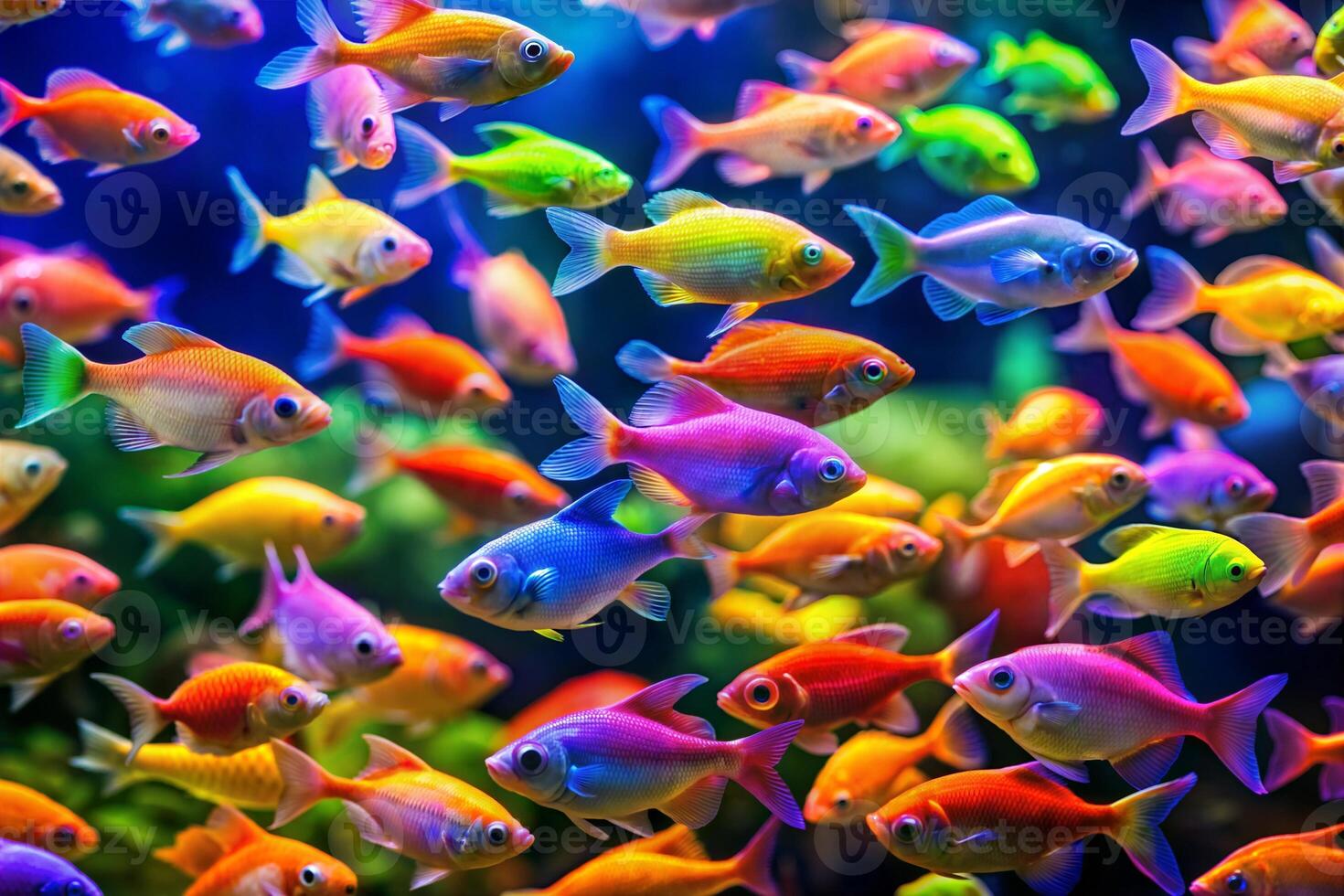 A colorful school of fish swimming in a tank. The fish are of various colors, including yellow, orange, and blue. The scene is lively and vibrant, with the fish swimming in a coordinated manner photo