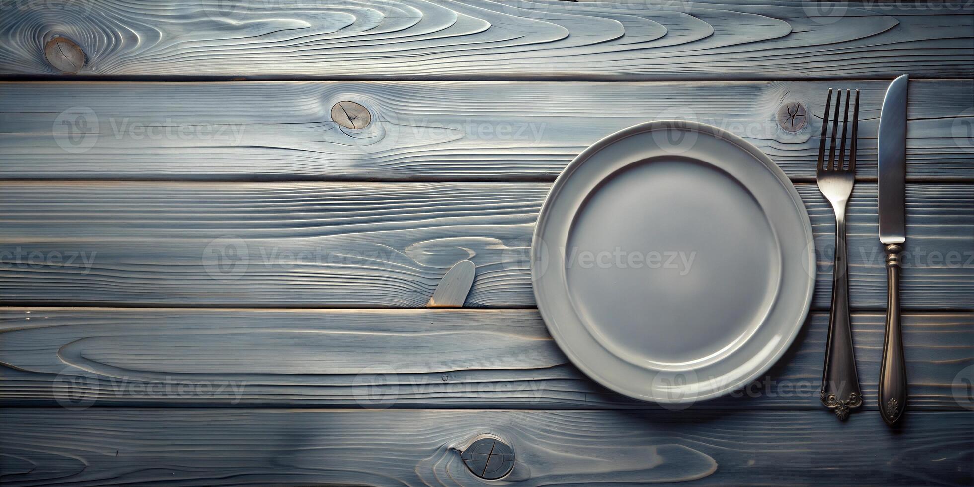 A wooden table with a white plate and silverware on it. The table is made of wood and has a natural, rustic feel to it. photo