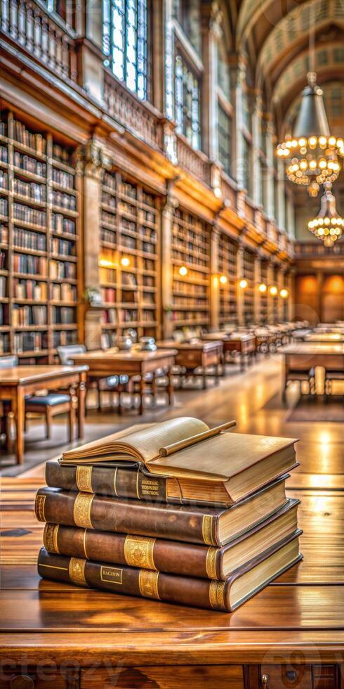 Old books are lying on the table in the library. The library is filled with many books, and the atmosphere is quiet and calm. photo