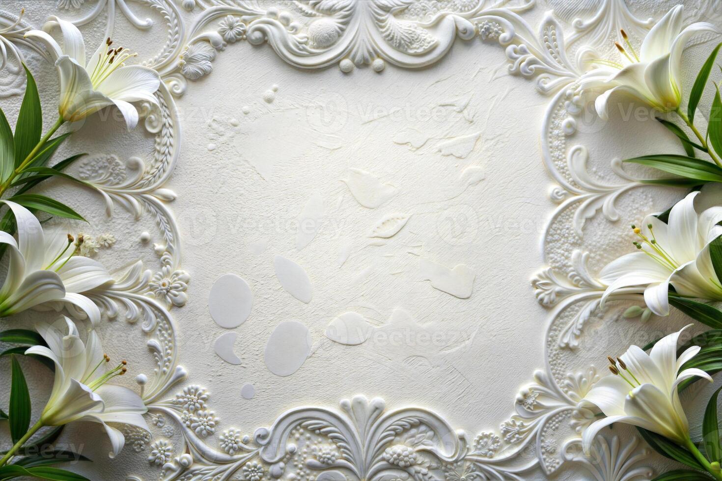 White patterned frame on white background and white lily flowers. photo