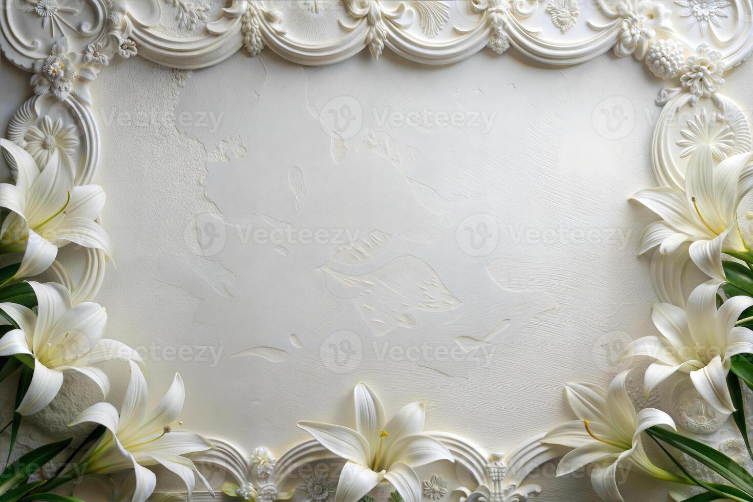 White patterned frame on white background and white lily flowers. photo