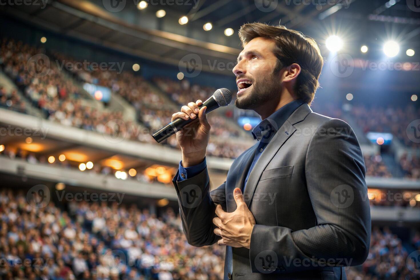 A young man with a microphone in his hand on stage in front of the audience. photo