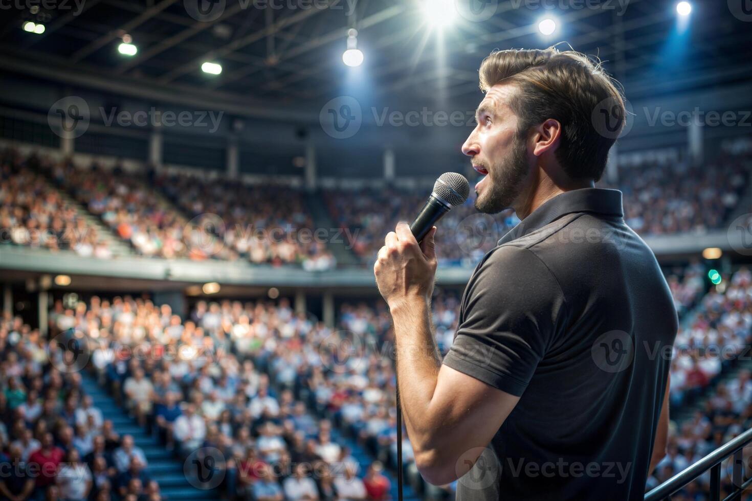 A young man with a microphone in his hand on stage in front of the audience. photo