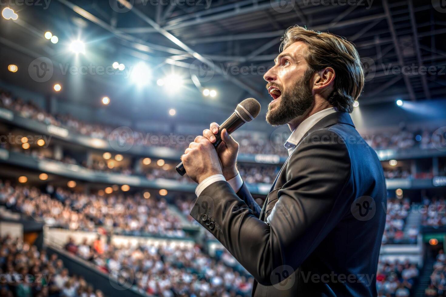 A young man with a microphone in his hand on stage in front of the audience. photo