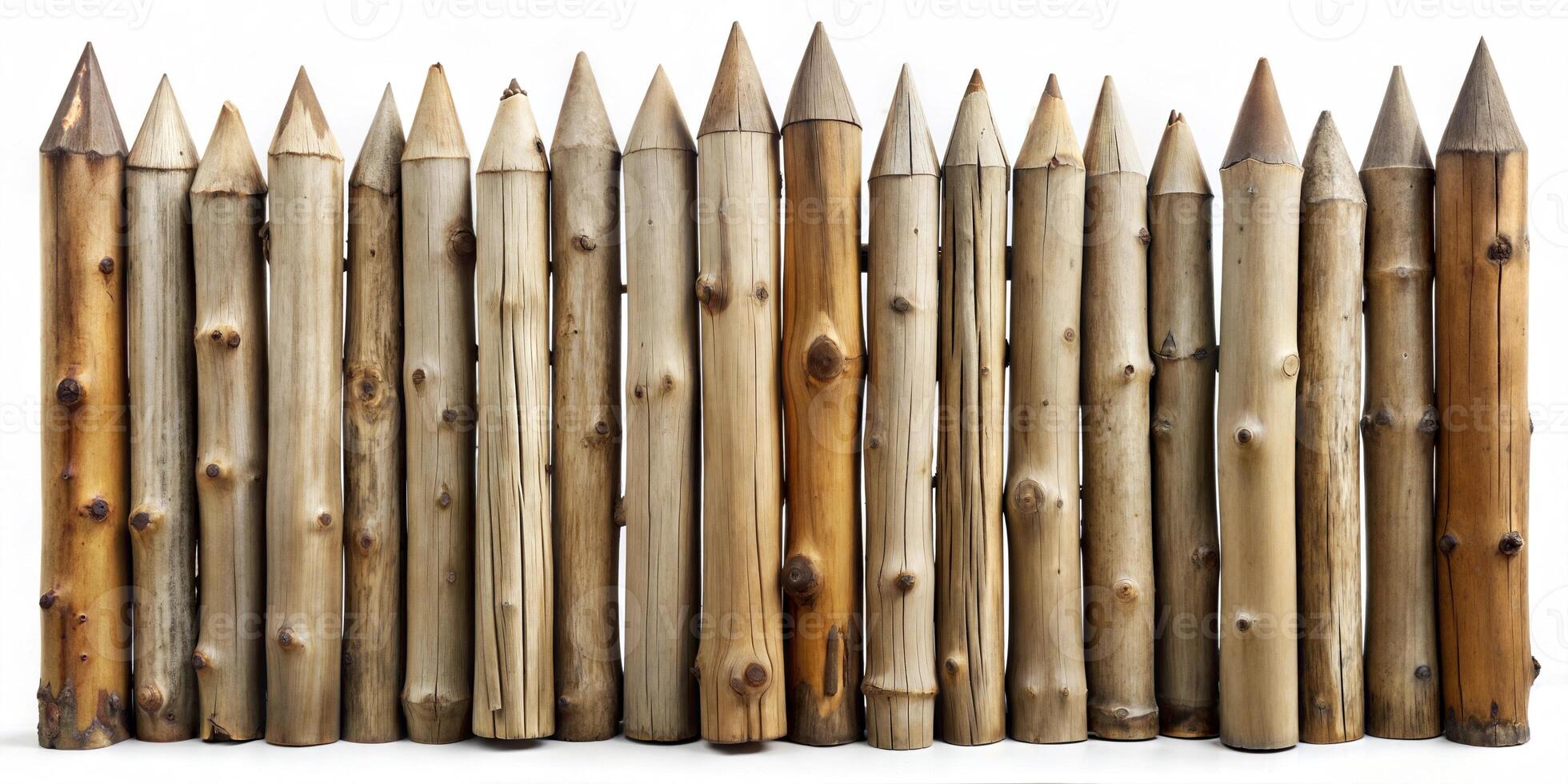 An old fence made of logs tightly fitted to each other with pointed ends on a white background. photo