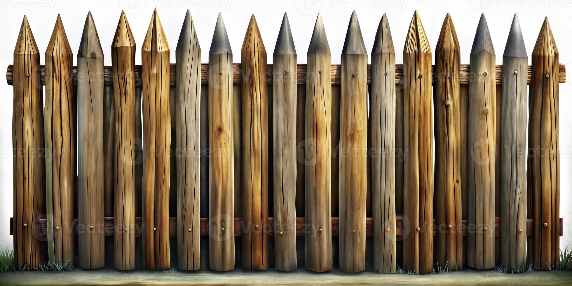An old fence made of logs tightly fitted to each other with pointed ends on a white background. photo