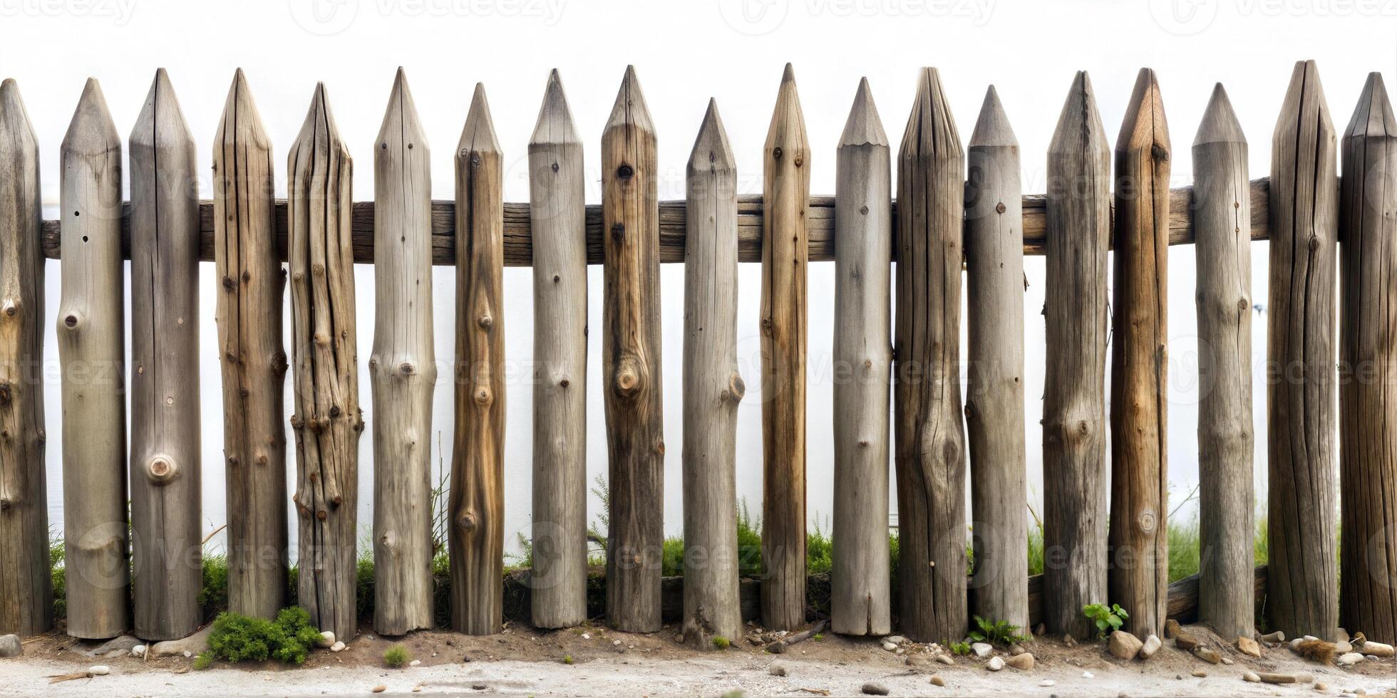 An old fence made of logs tightly fitted to each other with pointed ends on a white background. photo