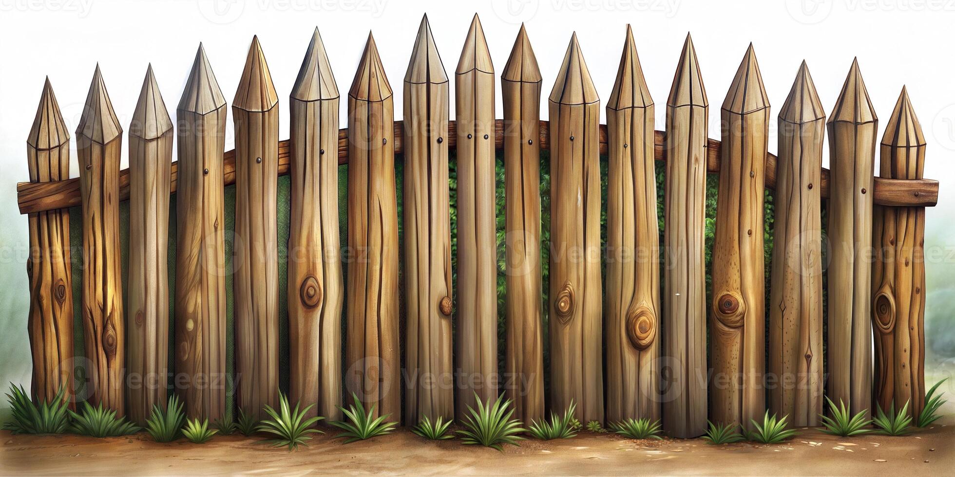 An old fence made of logs tightly fitted to each other with pointed ends on a white background. photo