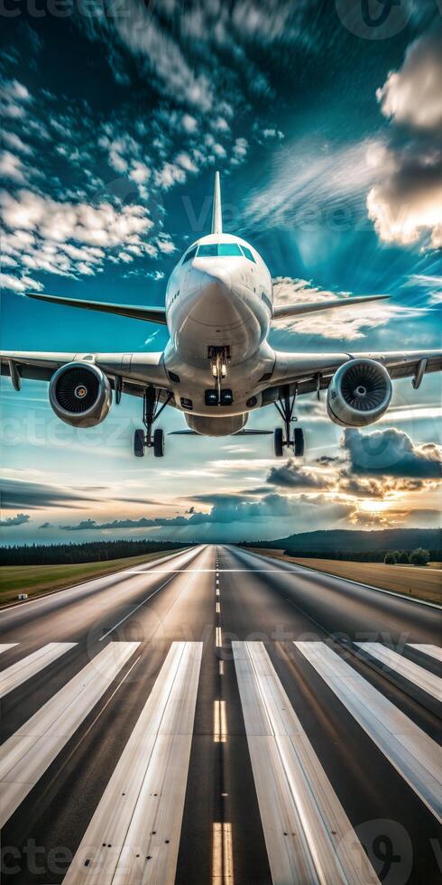 A modern plane lands on the runway at the airport. photo