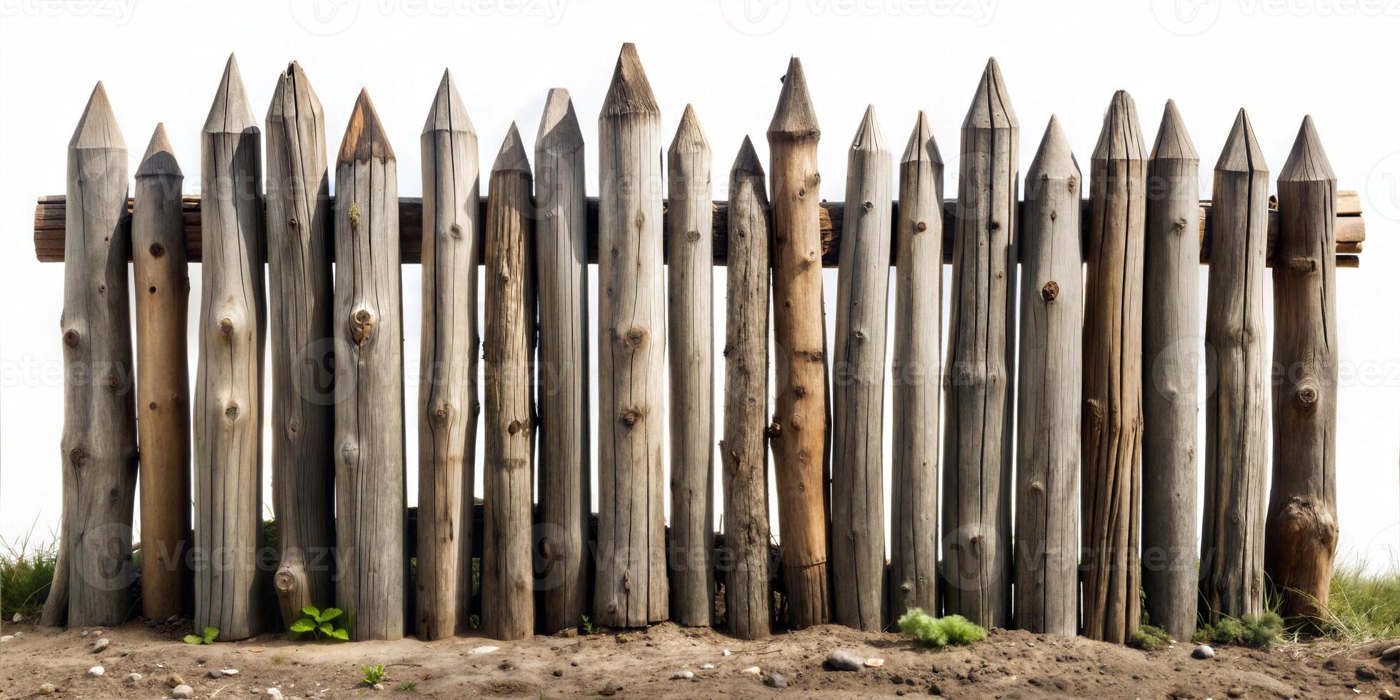 An old fence made of logs tightly fitted to each other with pointed ends on a white background. photo