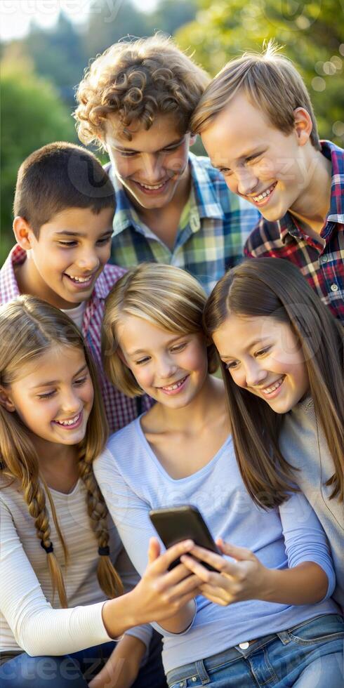 A group of teenagers communicate while holding smartphones. photo