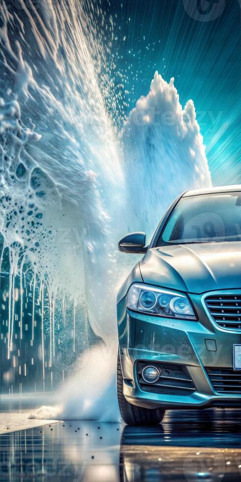 A car in a car wash - jets of water and soap foam. photo
