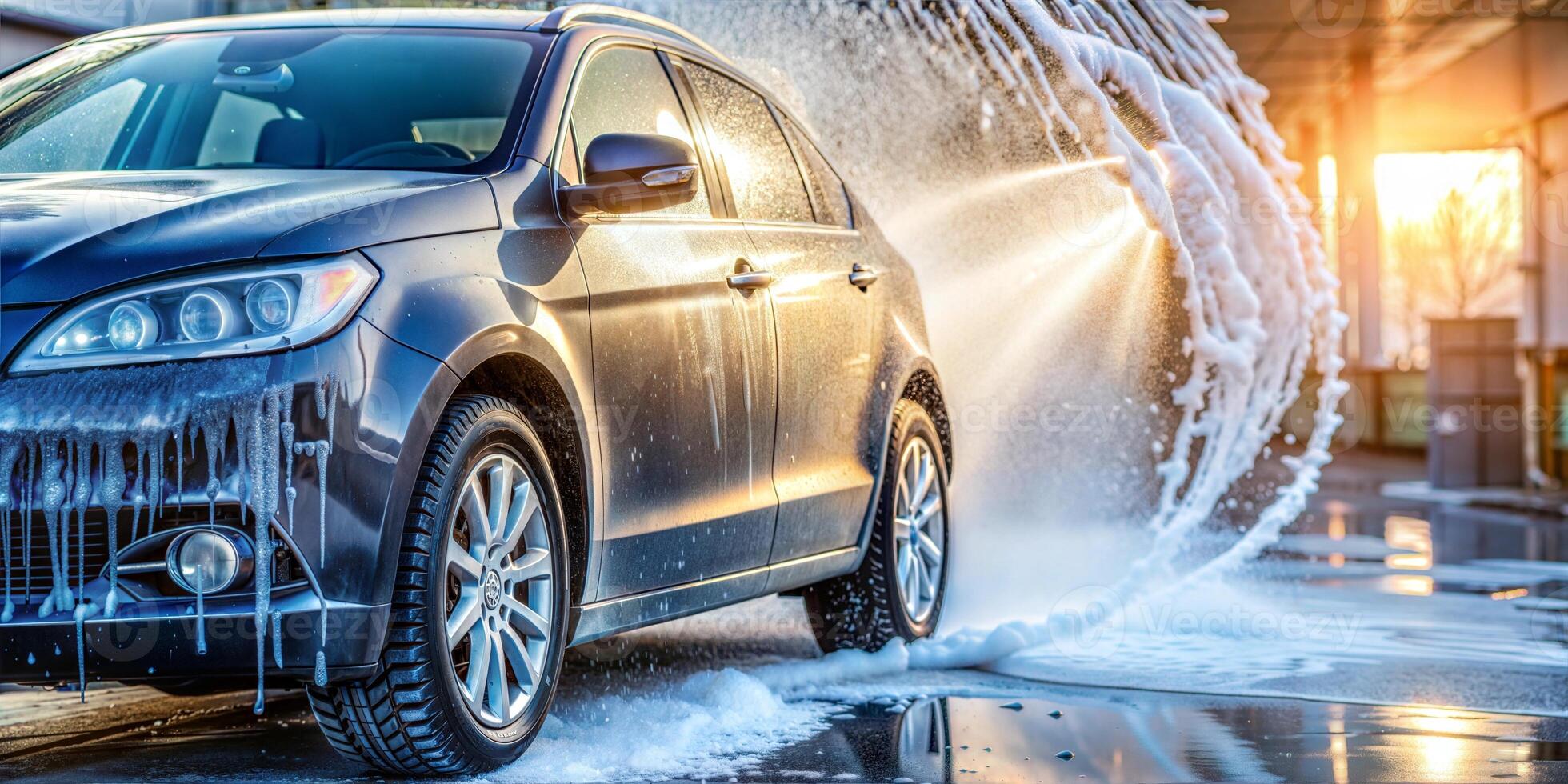 A car in a car wash - jets of water and soap foam. photo