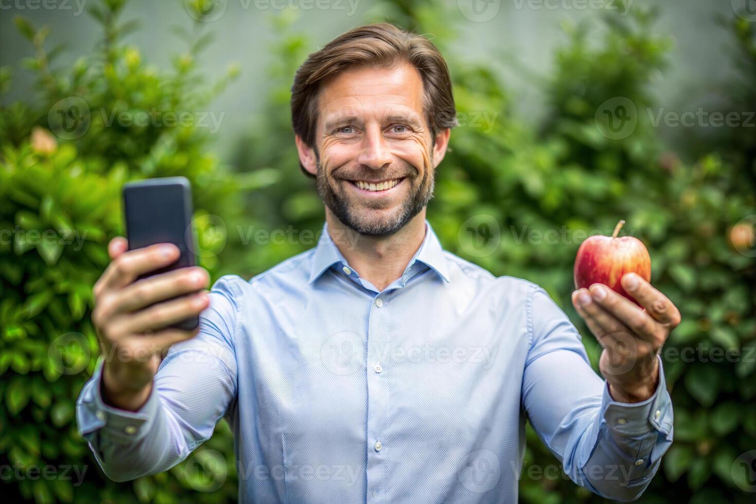 A man in a white shirt, against the backdrop of green trees, smiling, holds a smartphone in one hand and an apple in the other. photo