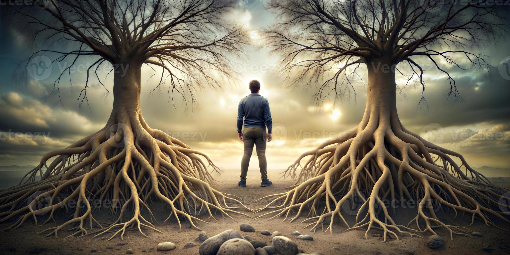 A man stands between two trees with exposed roots. photo