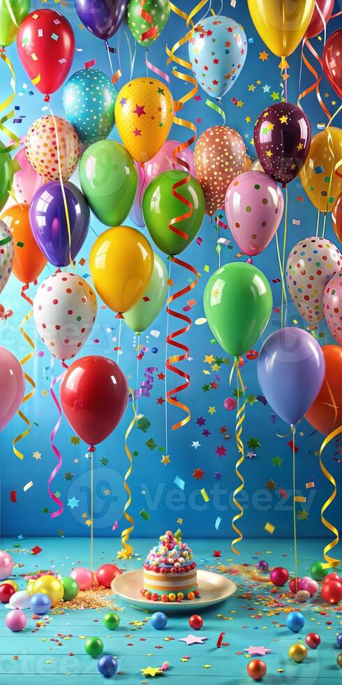 Multicolored balloons and streamers on a birthday. photo