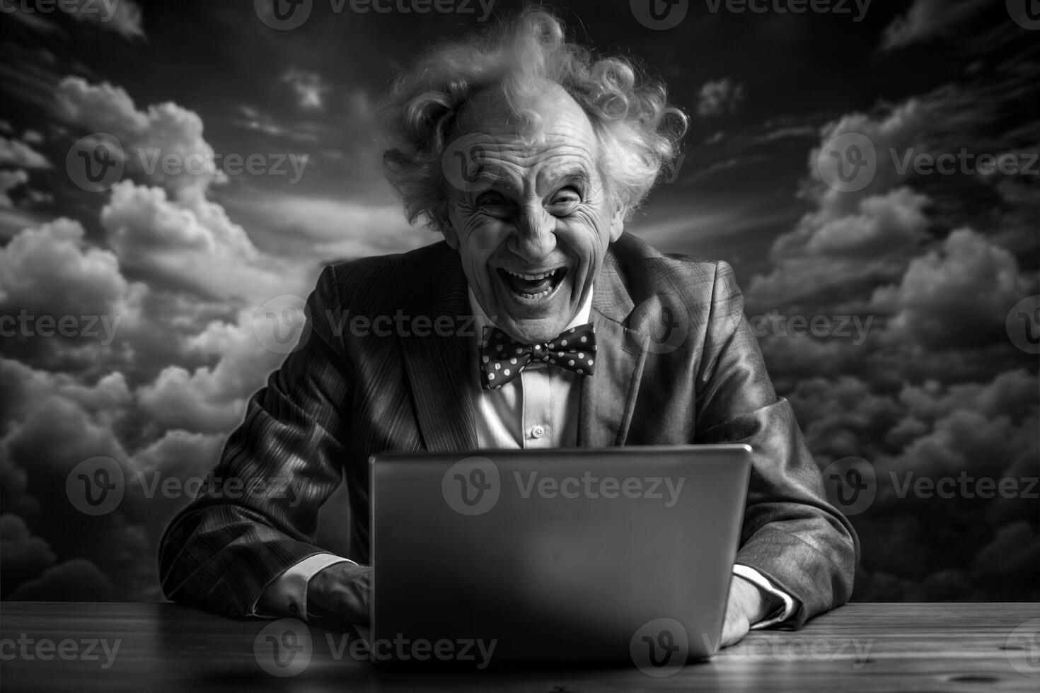 A man in a suit and bow tie is sitting at a desk with a laptop in front of him. He is smiling and he is happy. photo