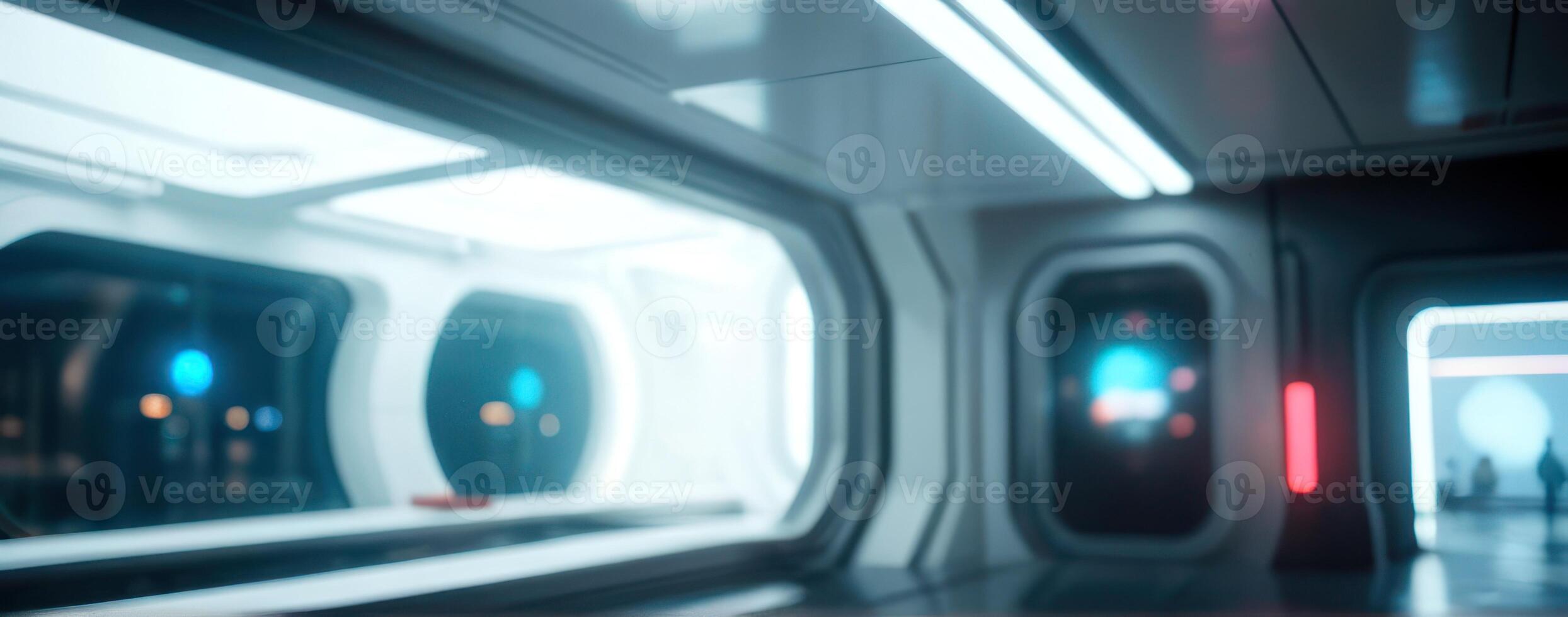 A futuristic train station with lights in the background photo