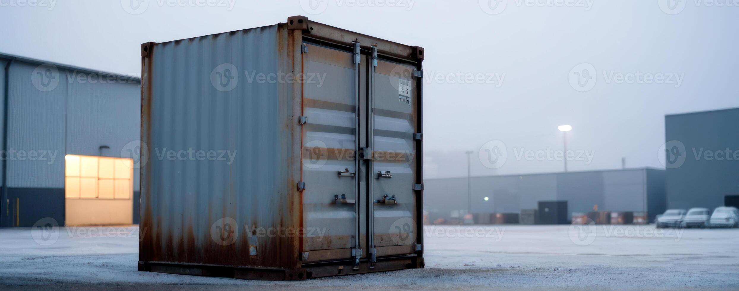 A rusty shipping container sitting in the snow photo