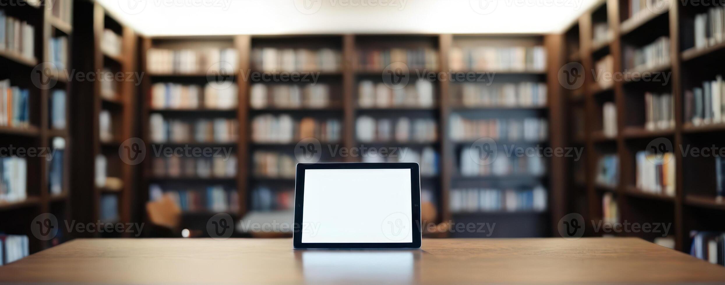 Tablet pc on a table in library stock photo