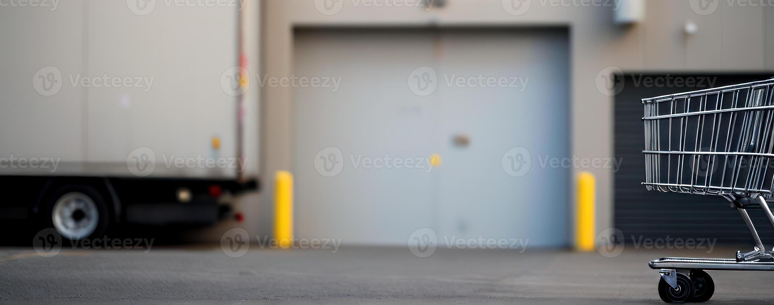 A shopping cart in front of an empty warehouse photo