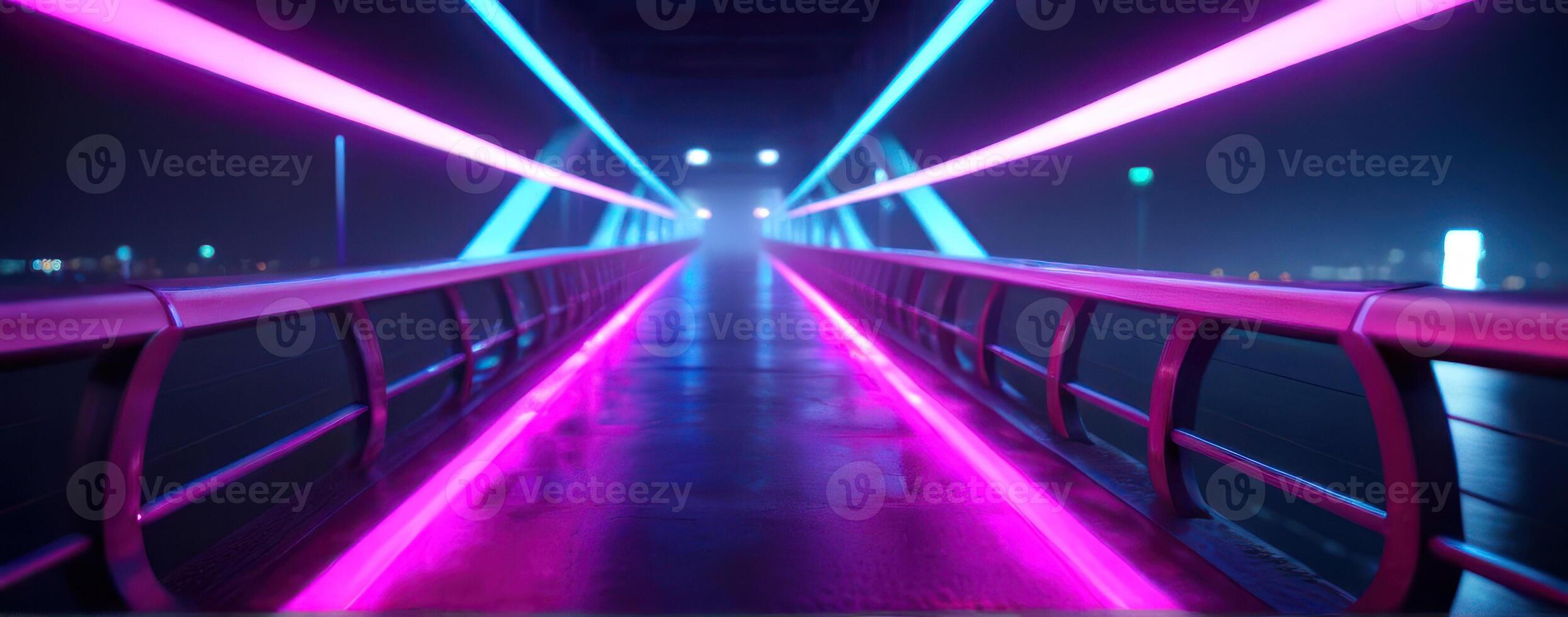 An image of a bridge at night with neon lights photo