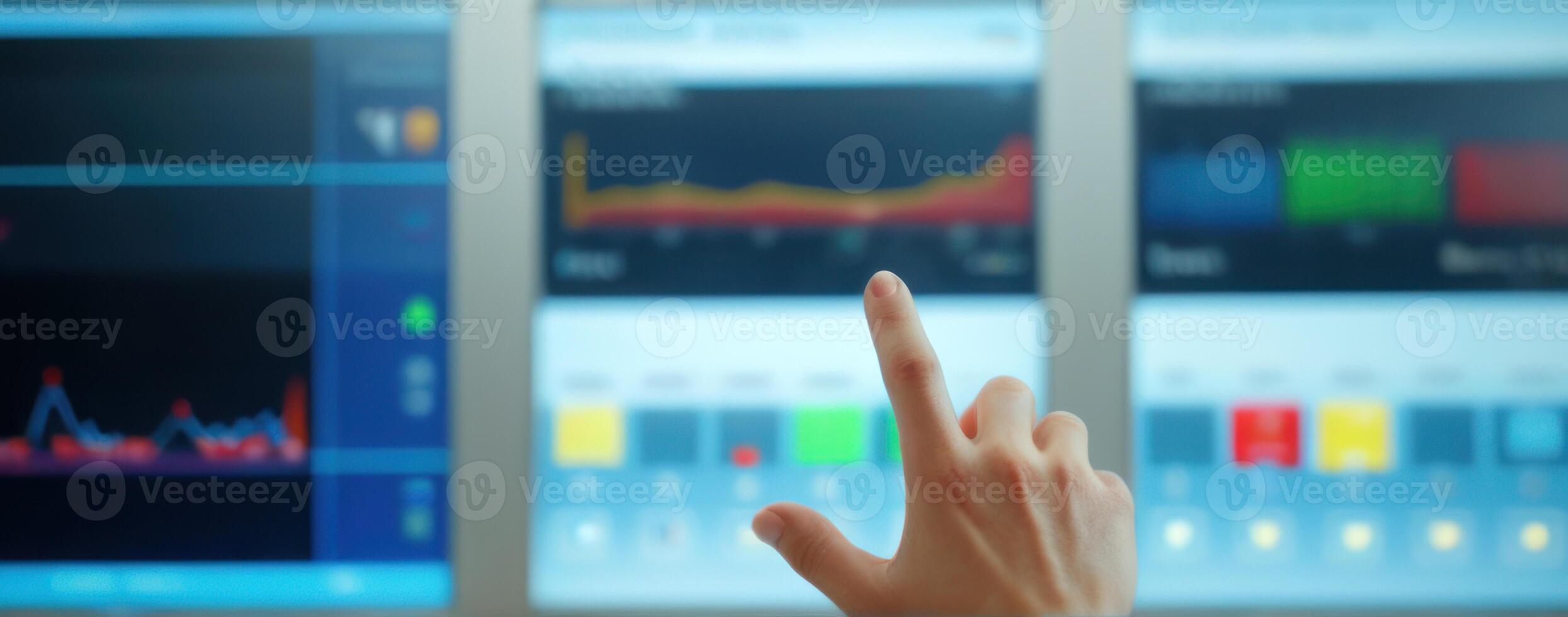 A person is pointing at the monitors in front of them photo