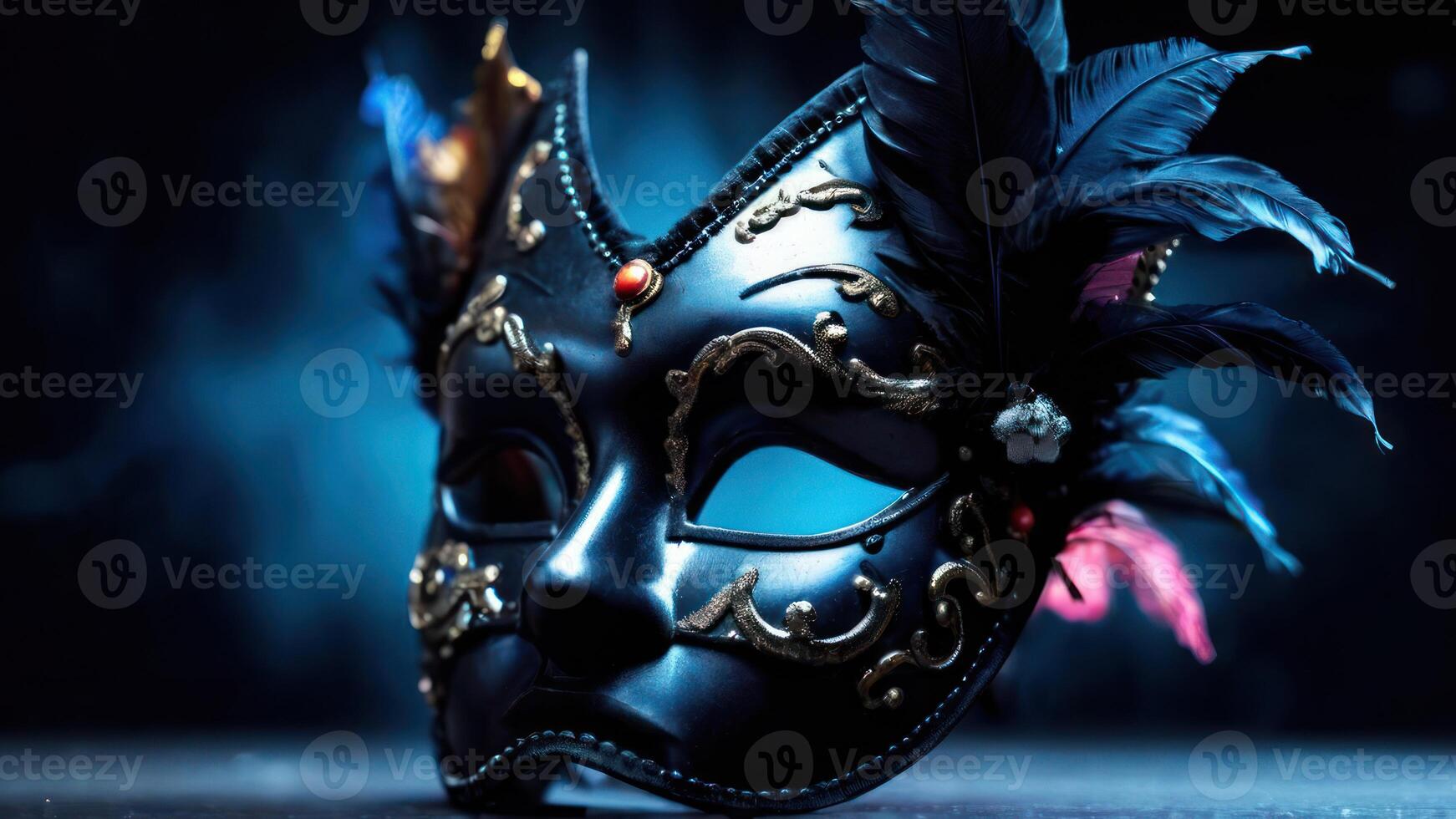 Black venetian mask with feathers on a dark background photo