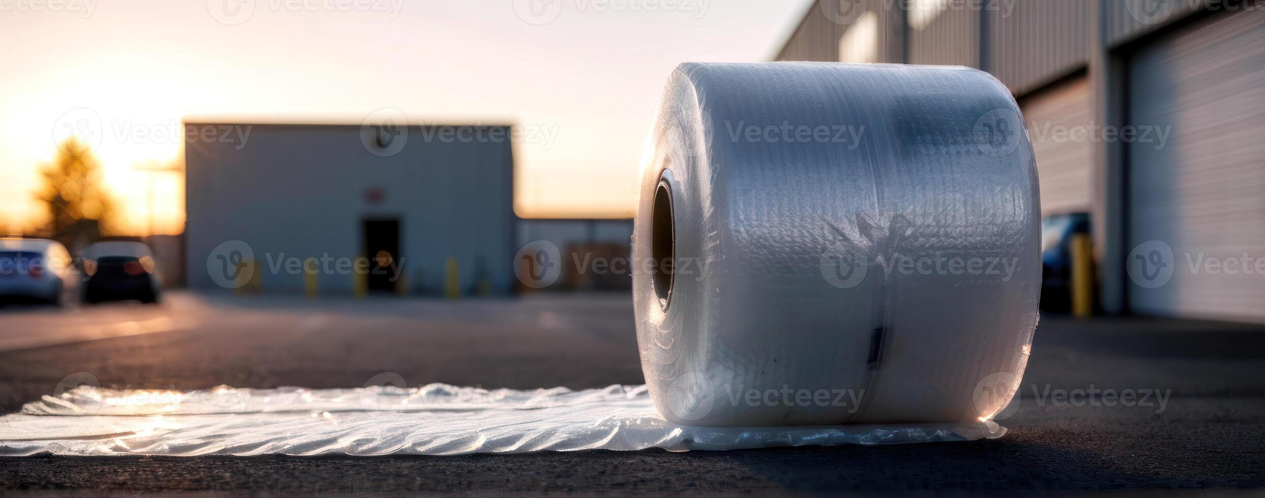 A roll of plastic wrap sitting on the ground photo