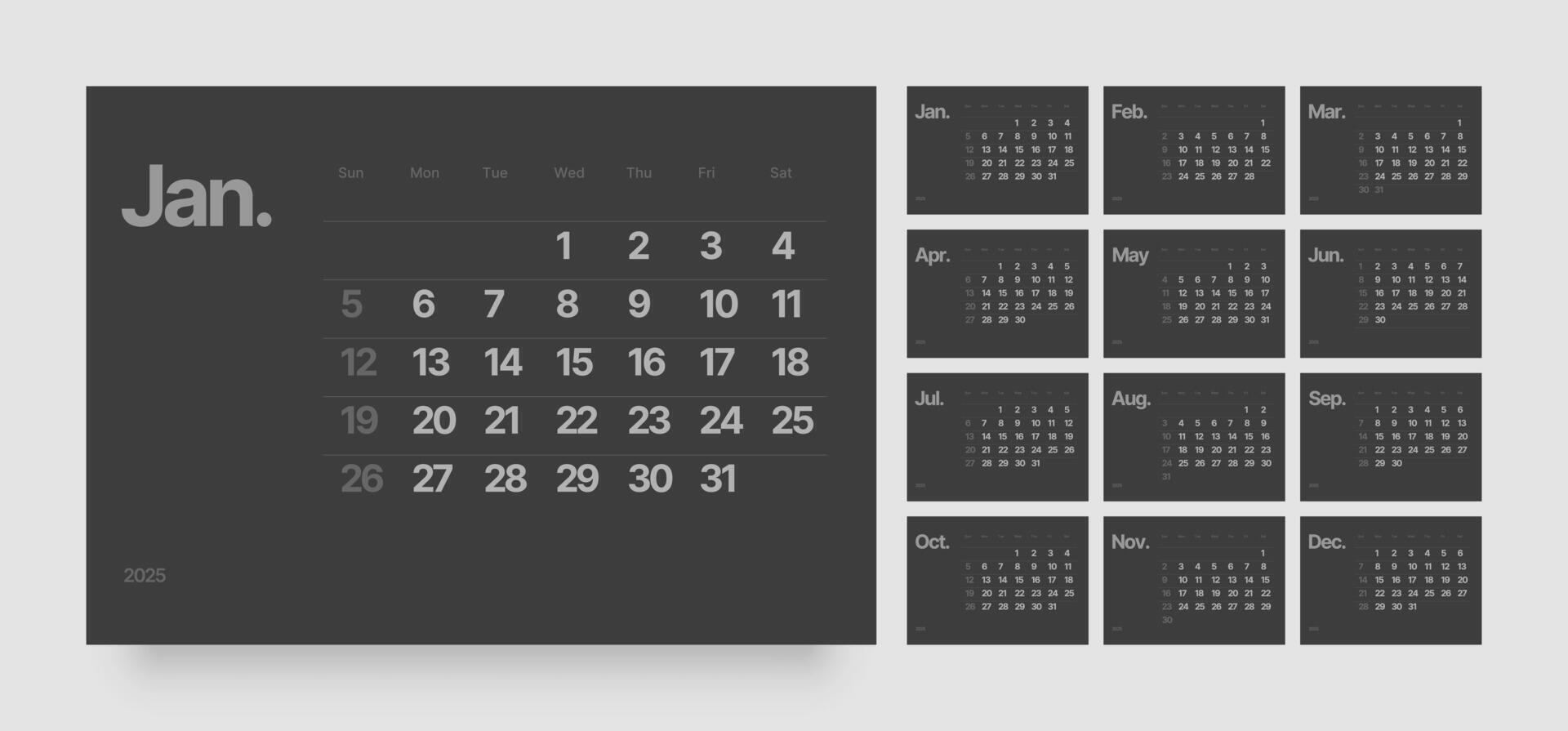 Wall calendar or 2025 year in dark color. Week Starts on Sunday. vector