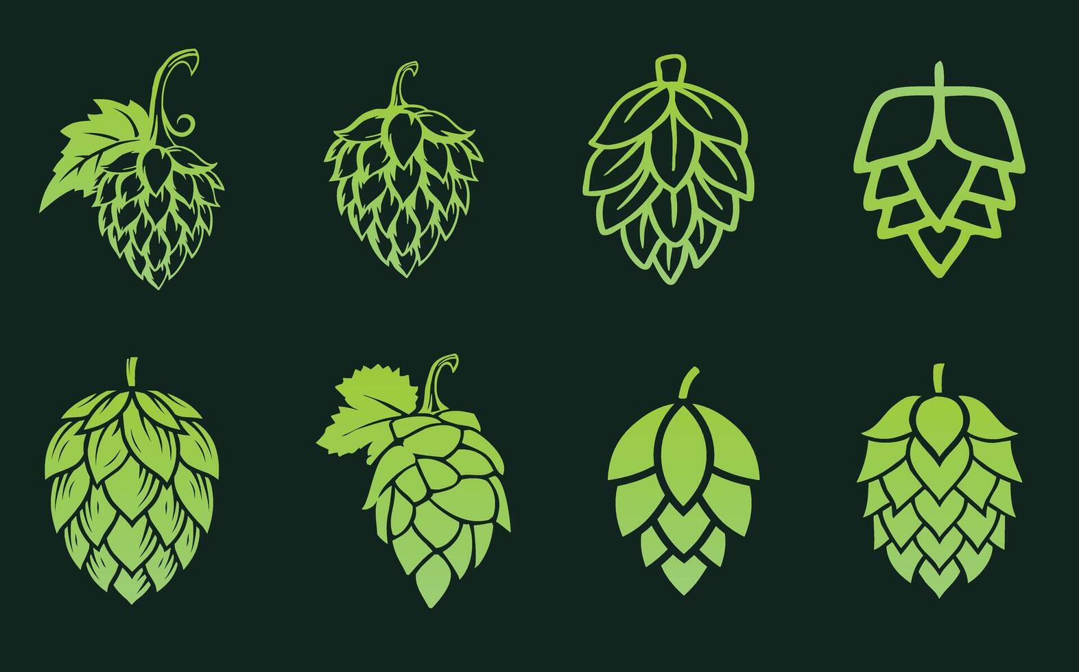 Green silhouette of hops for beer logo. Set of different hop flowers. Hops icon on a dark background vector