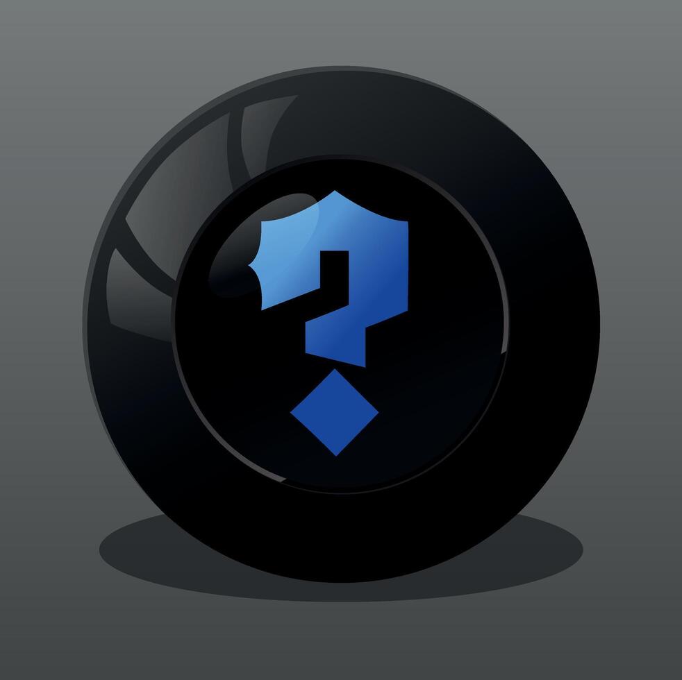 Magic 8 ball. Oracle ball, magic eighth ball. Illustration of a black magic fortune teller ball with a blue question mark inside. vector