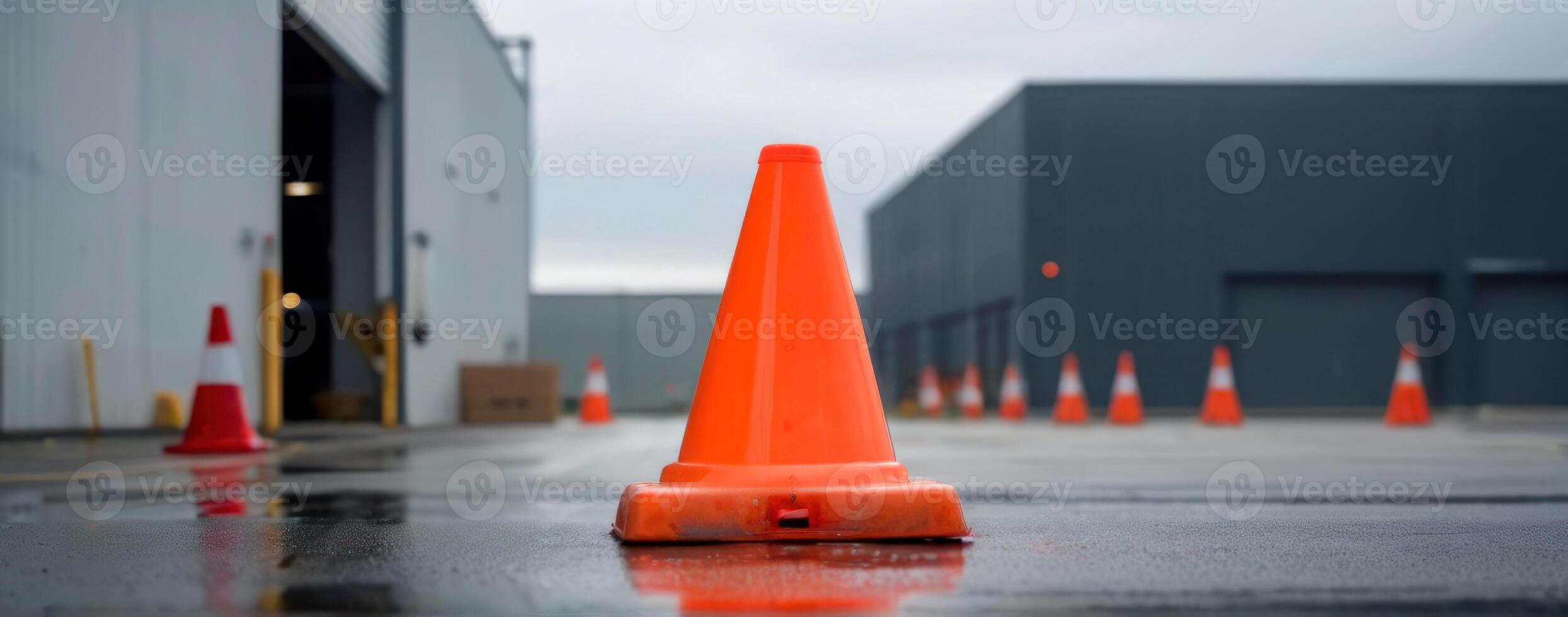 An orange cone sits on the ground in front of a warehouse photo
