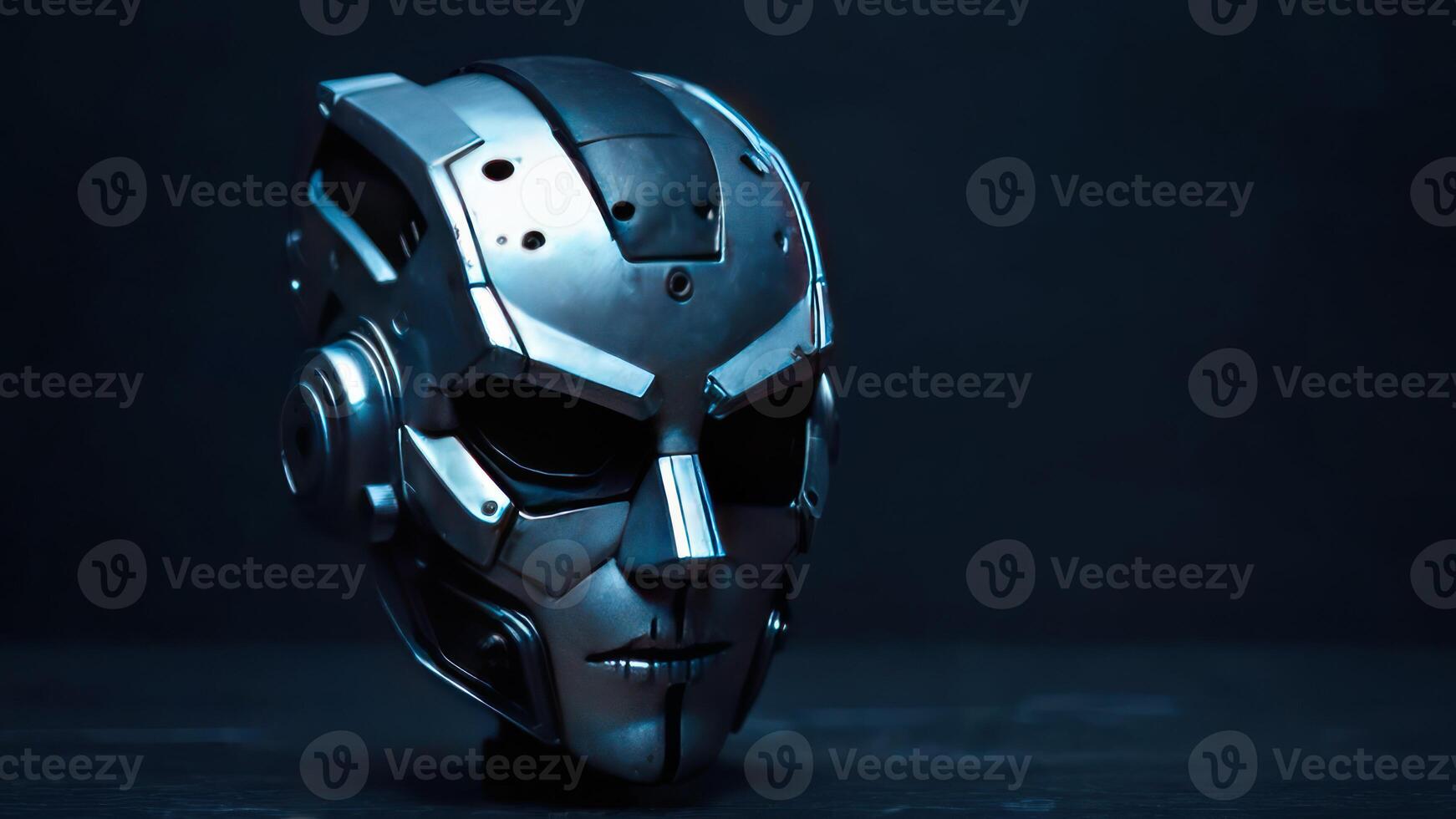 An image of a silver robot helmet with lights on it photo